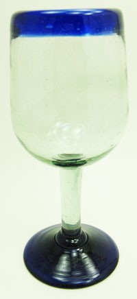 Traditional Wine Glass, 11 oz. Cobalt Blue Rim<br>Hand blown glass from Mexico